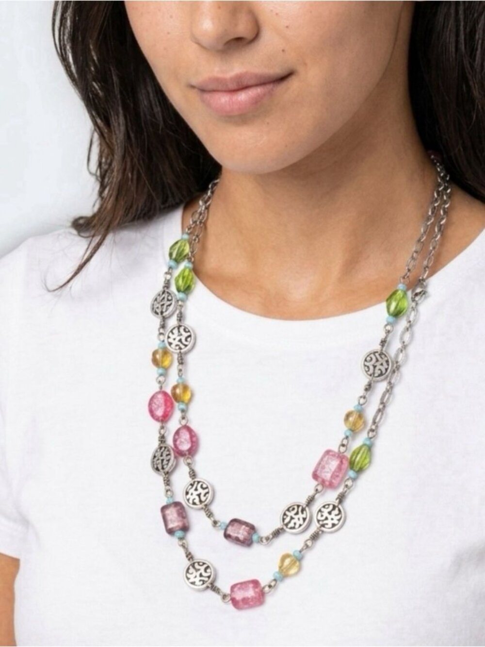 BRIGHTON Barbados Long Colorful Glass Bead Necklace - Silver Tone